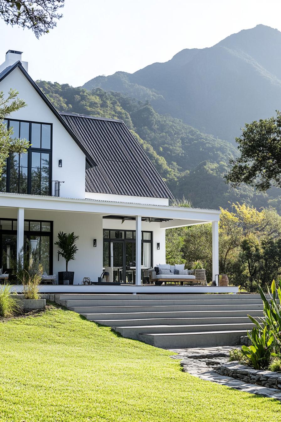 White modern farmhouse with mountain backdrop and lush greenery