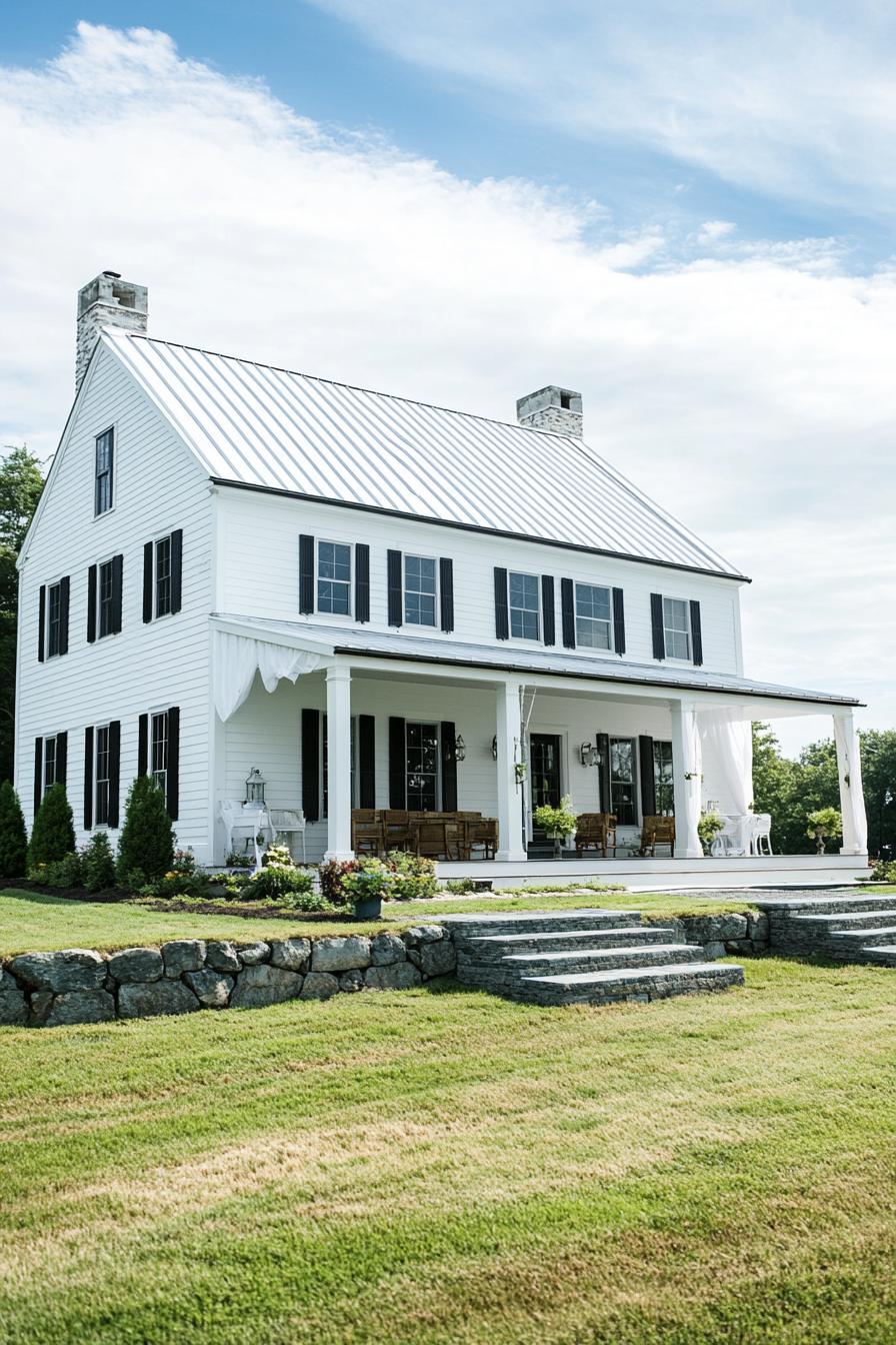 White farmhouse with black shutters and a porch