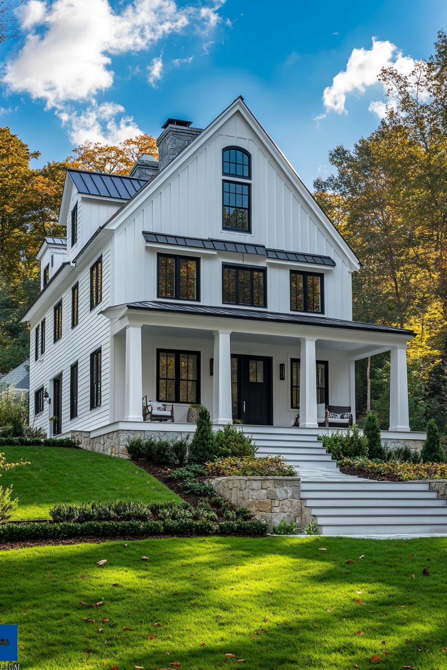 White farmhouse with black trim and large gables surrounded by lush greenery