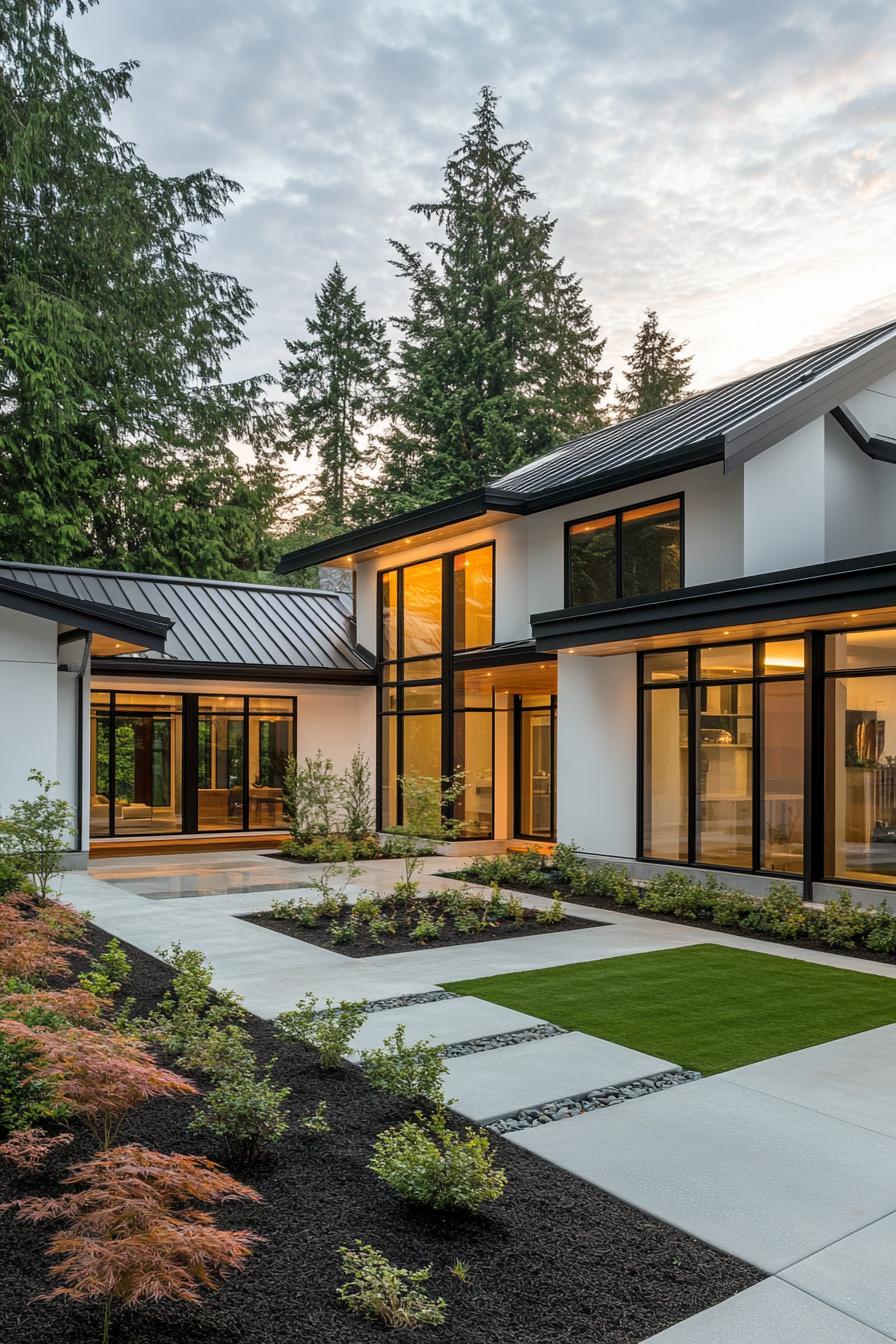 Modern home with large windows surrounded by trees