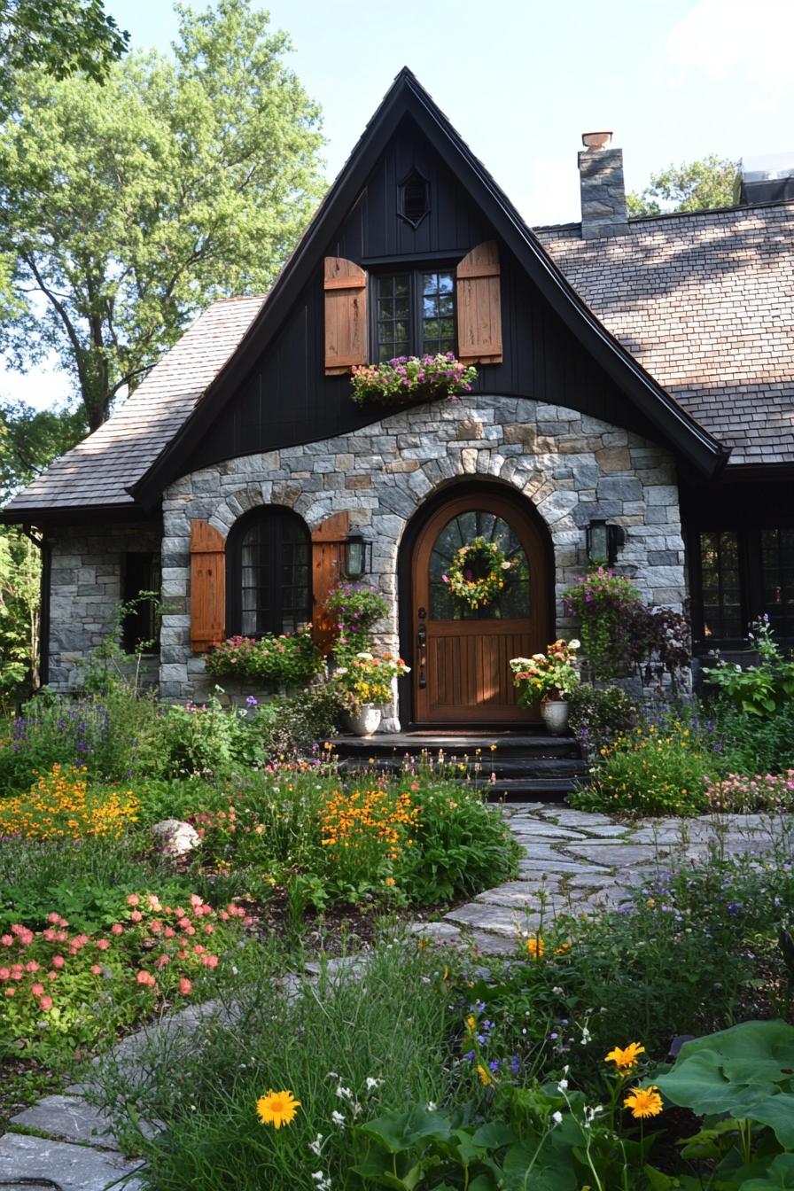 Charming stone cottage surrounded by a colorful garden