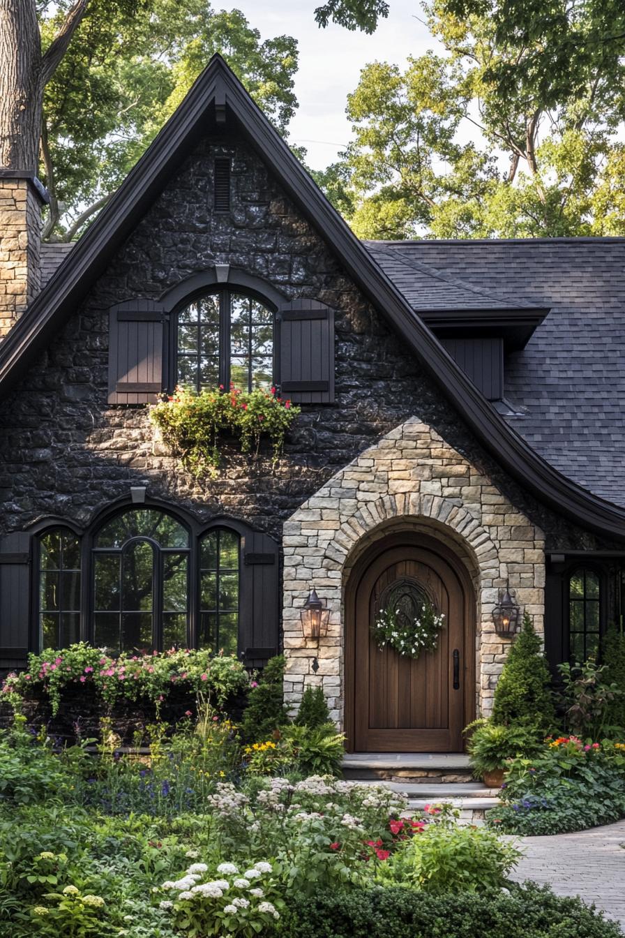 Stone cottage with arched door and lush garden