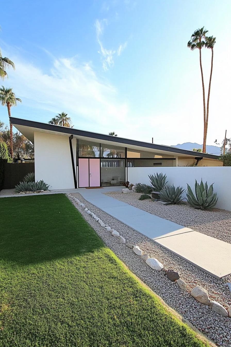 Pink door on a sleek mid-century modern home with desert landscaping