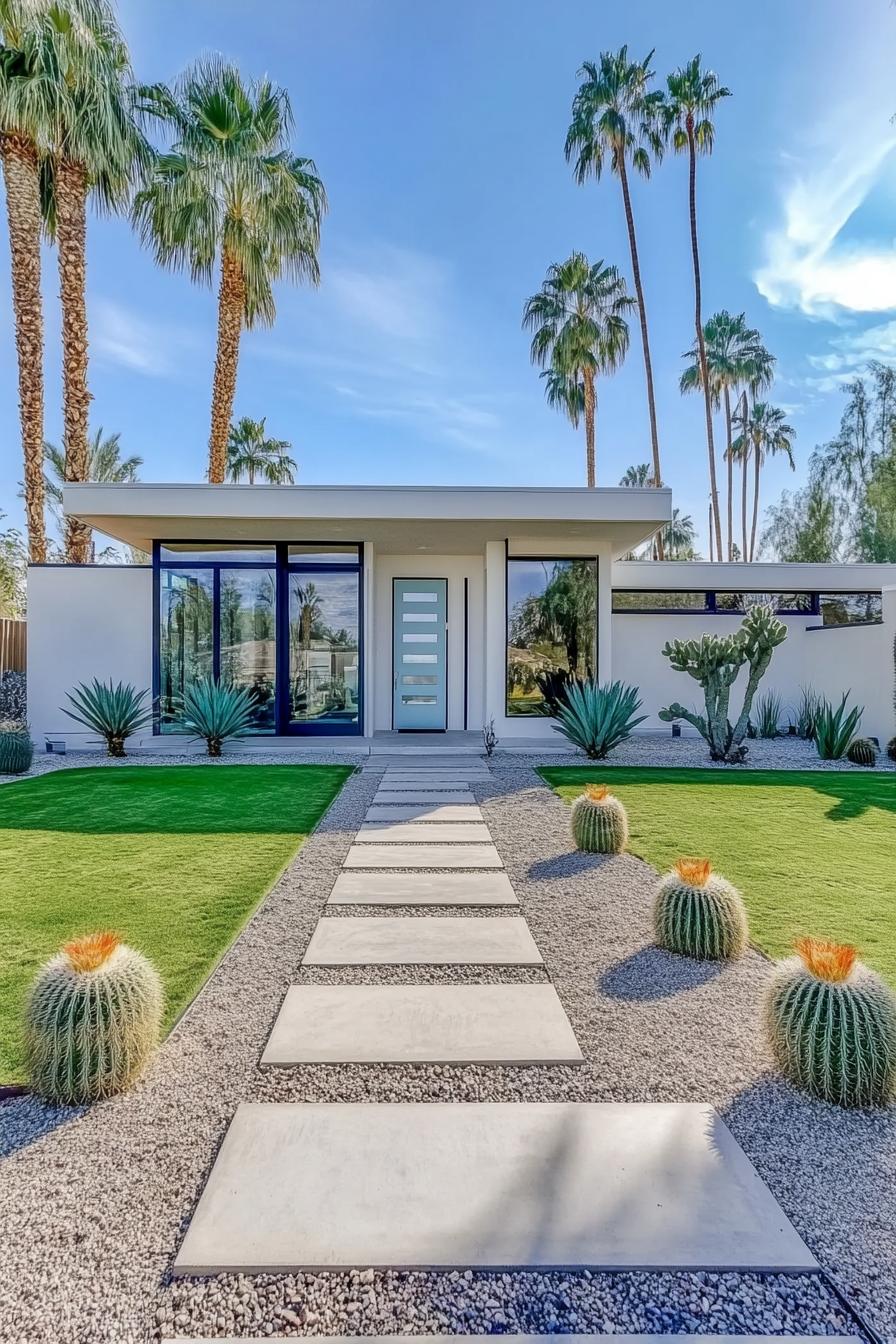 Mid-century house with path and cacti