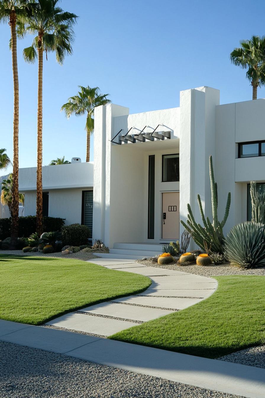 Modern house with white facade amidst desert plants