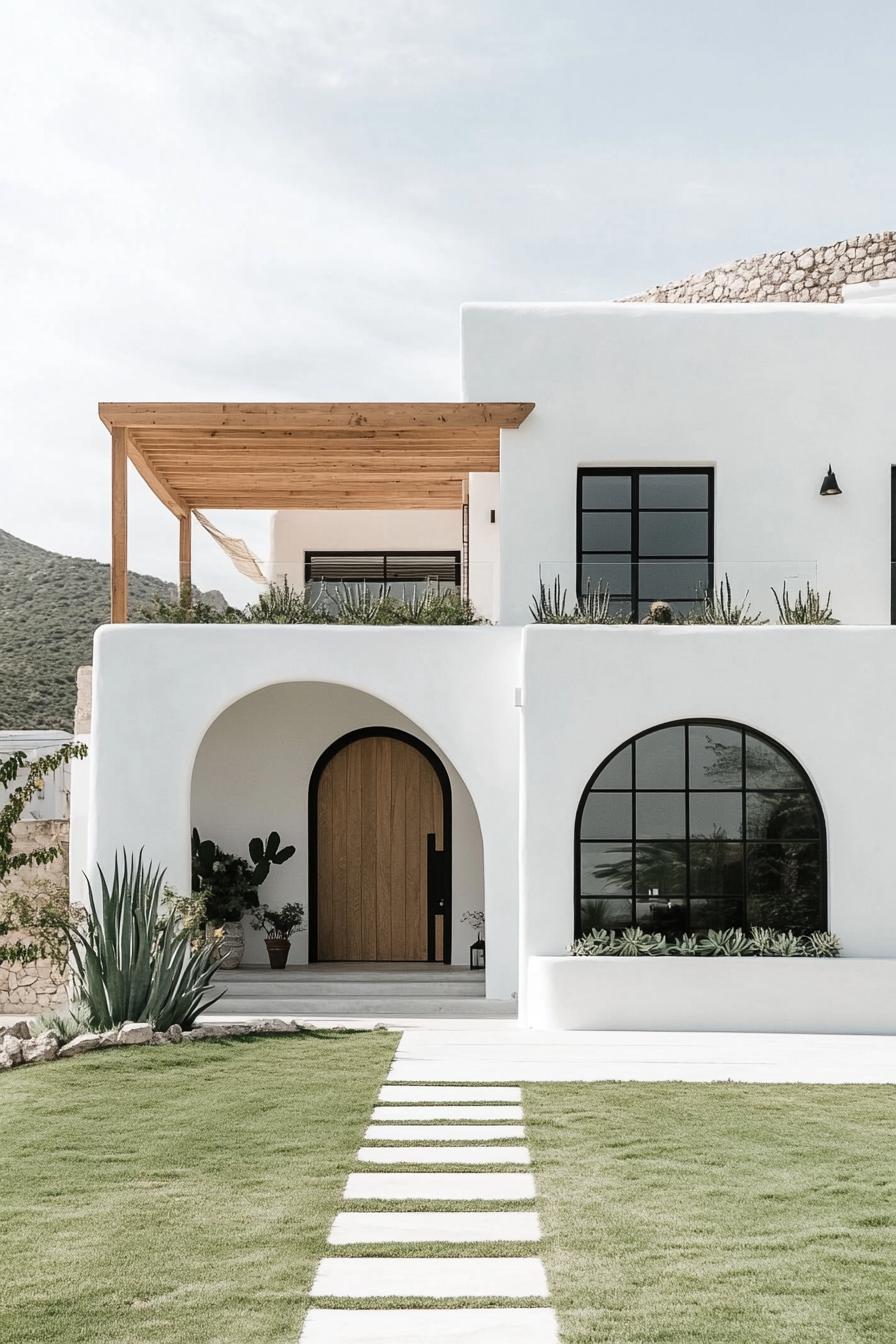 White modern home with arched windows and doorways