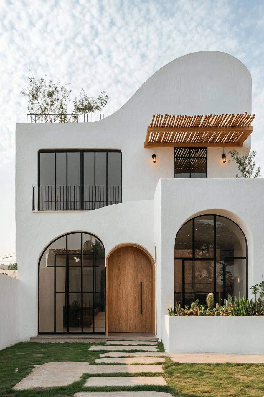 Contemporary white house with arched windows and wood accents