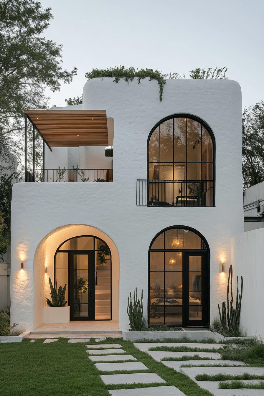 Modern white house with arched windows and a lush garden