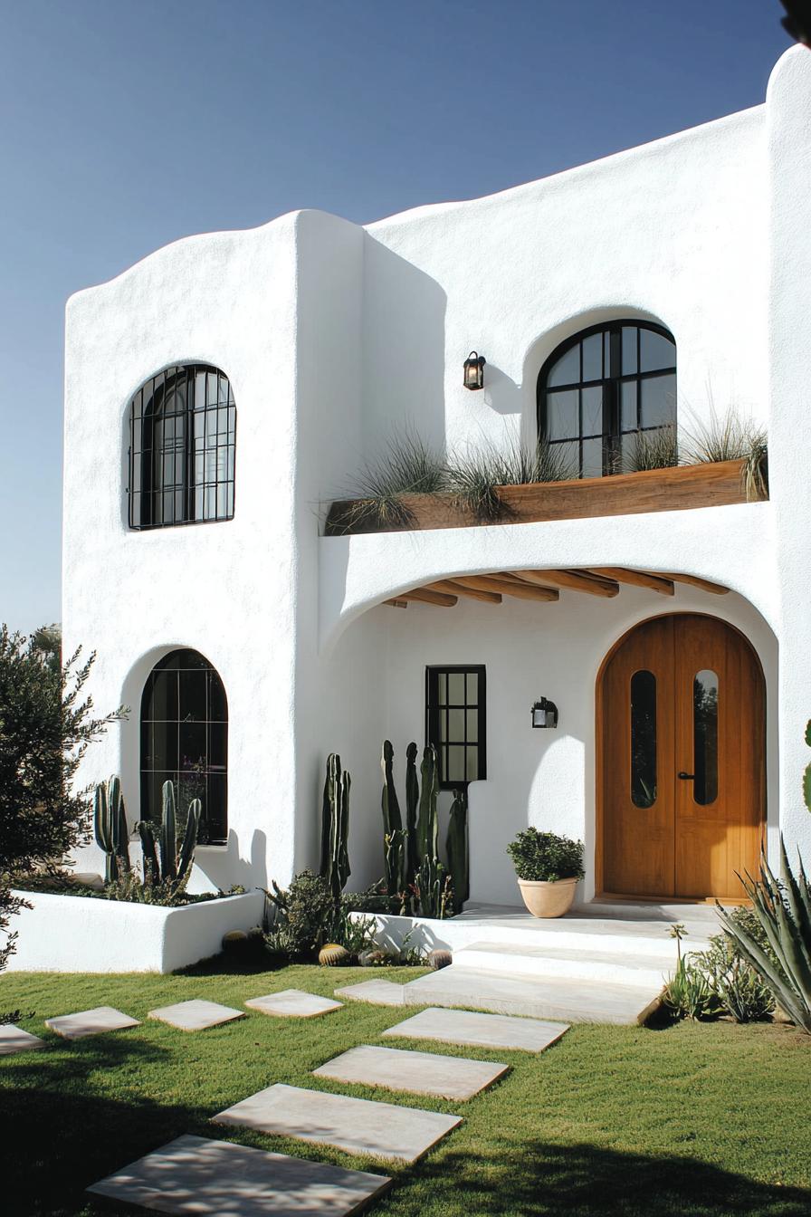 White stucco house with arched windows and desert landscaping