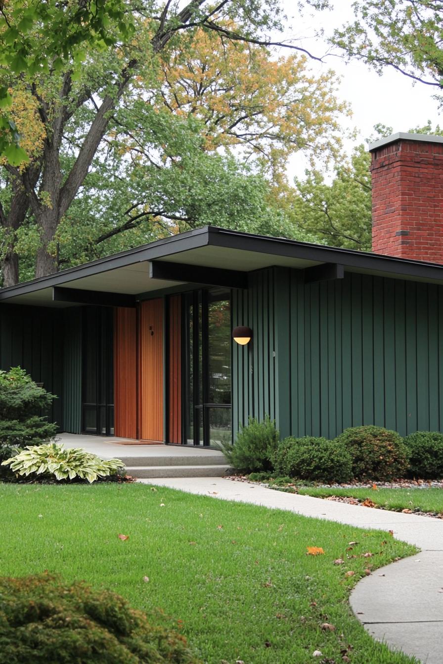 Chic green and brick flat roof house with lush lawn