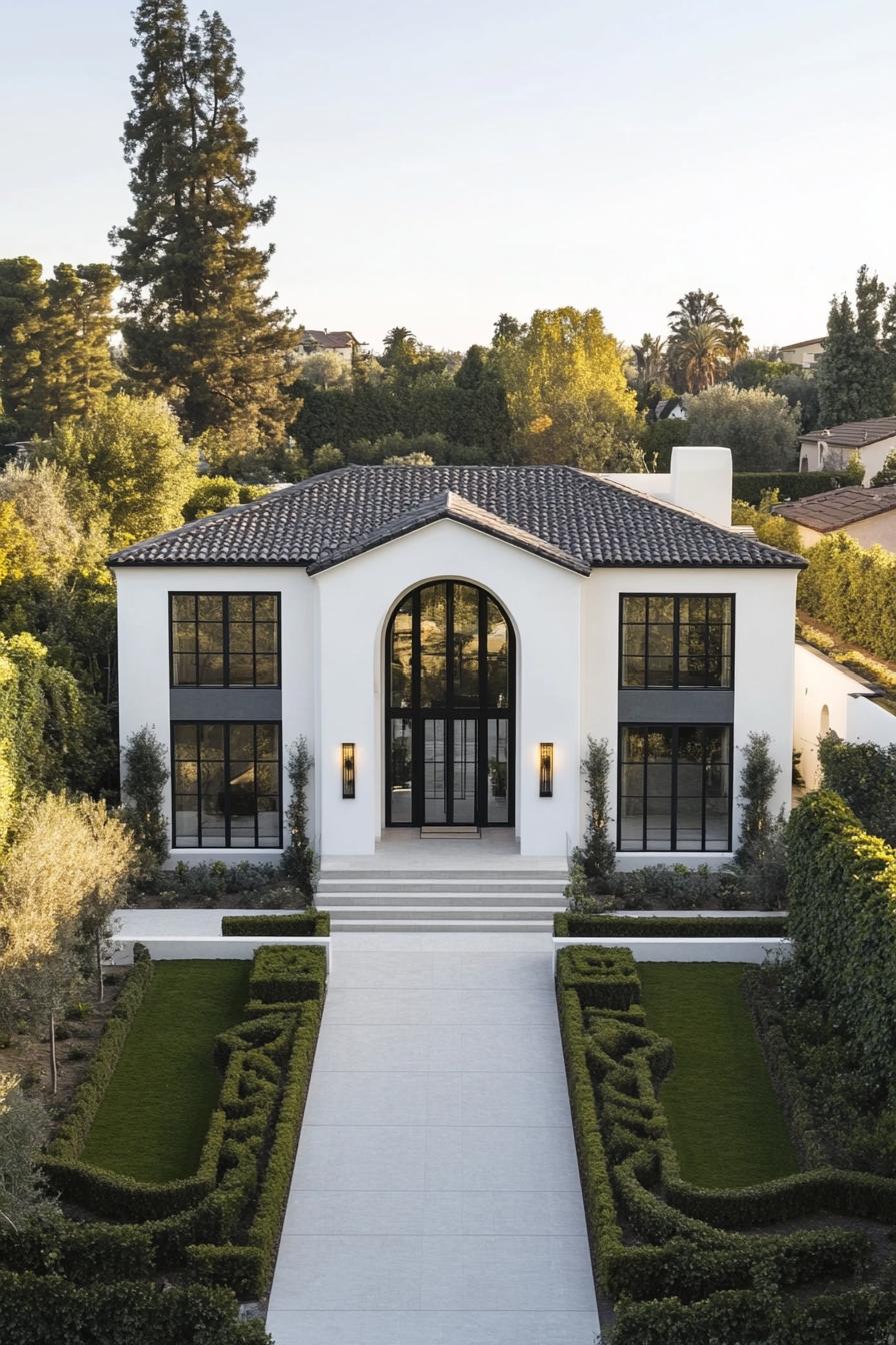 Elegant two-story house with a grand entrance and manicured hedges