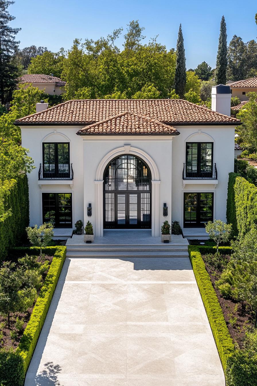 Charming villa with a grand entrance surrounded by lush greenery