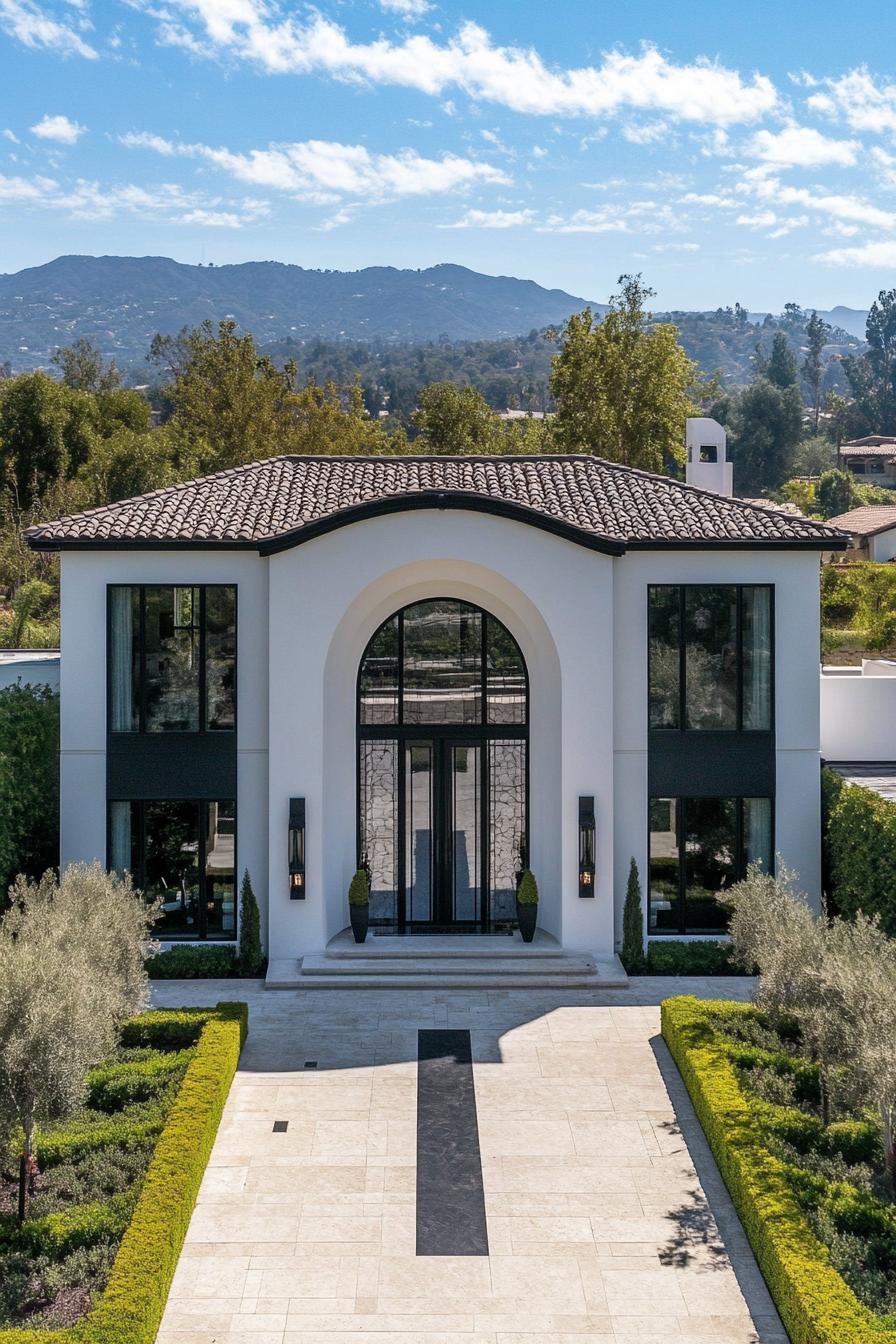 Grand entrance to a luxurious home with manicured gardens