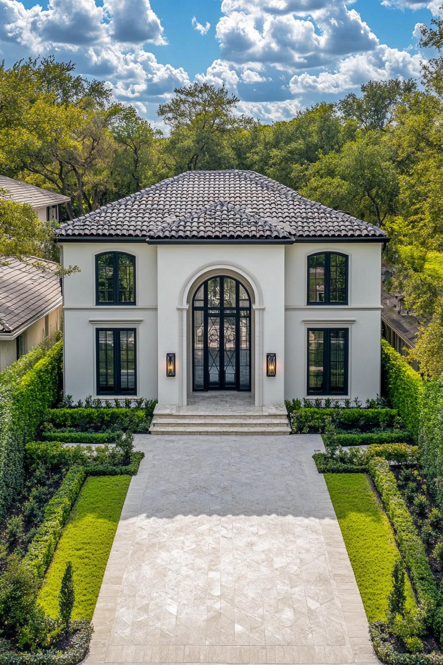 Elegant mansion with manicured hedges