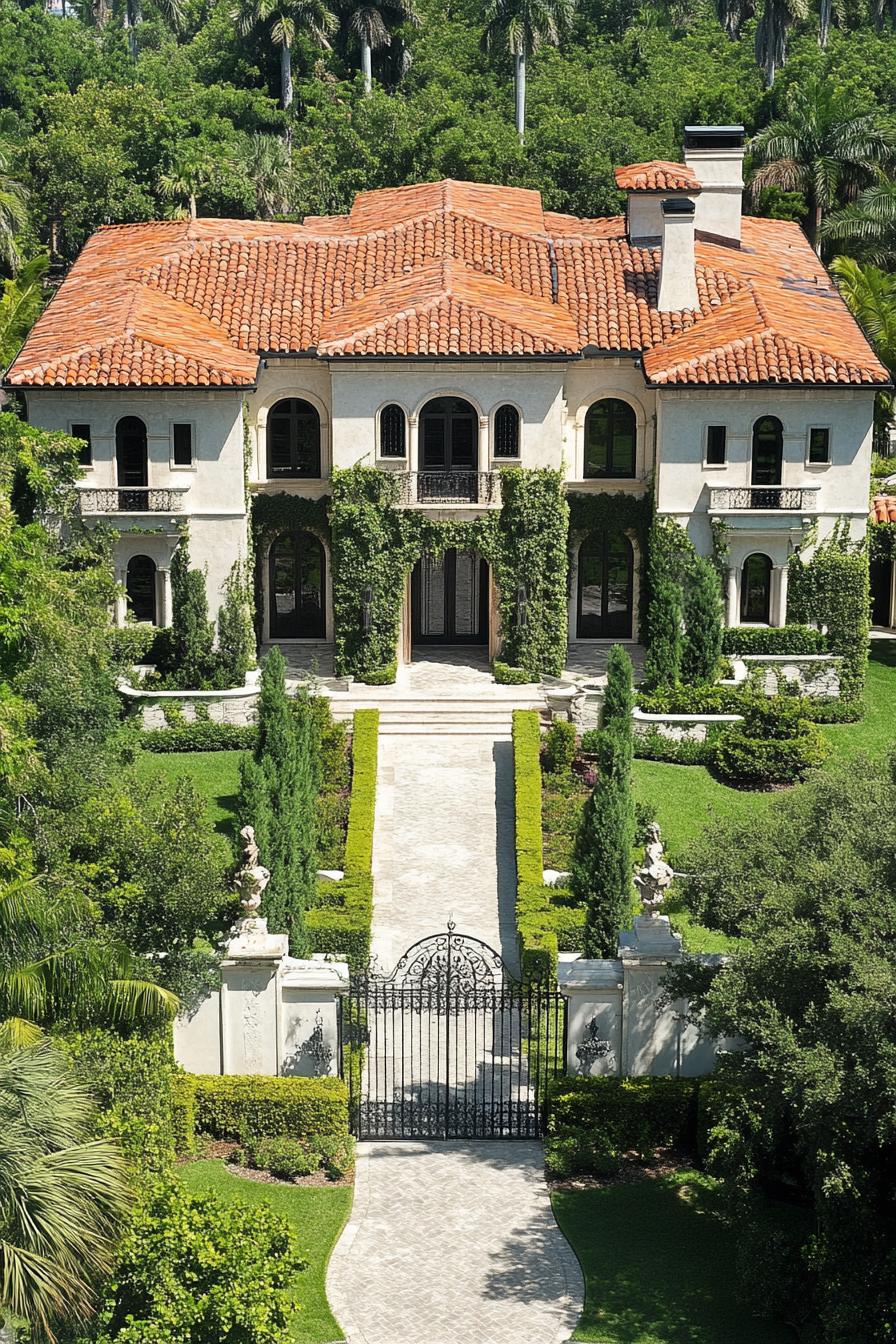 Luxurious villa with red-tiled roof and greenery