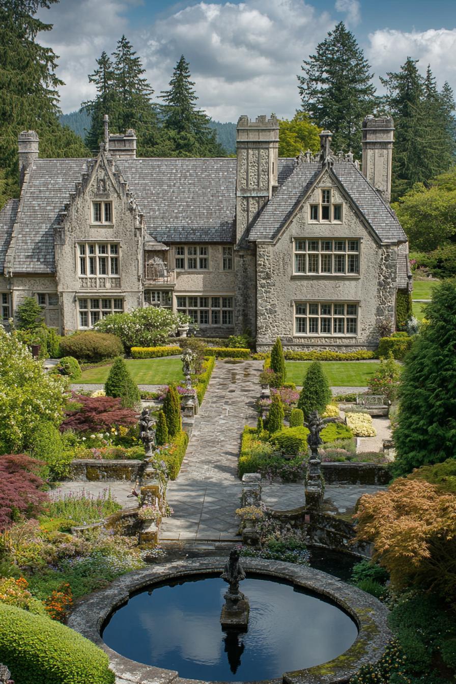 Stone mansion with lush garden and pond