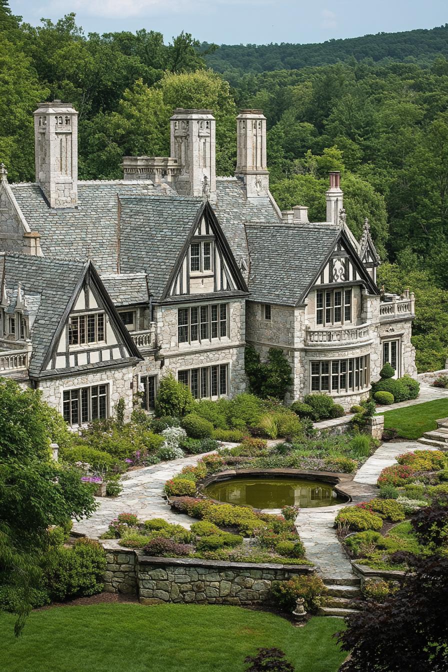 Lush gardens and stone mansion facade