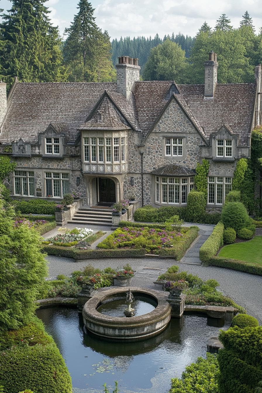 Historic mansion with a grand stone facade and lush gardens