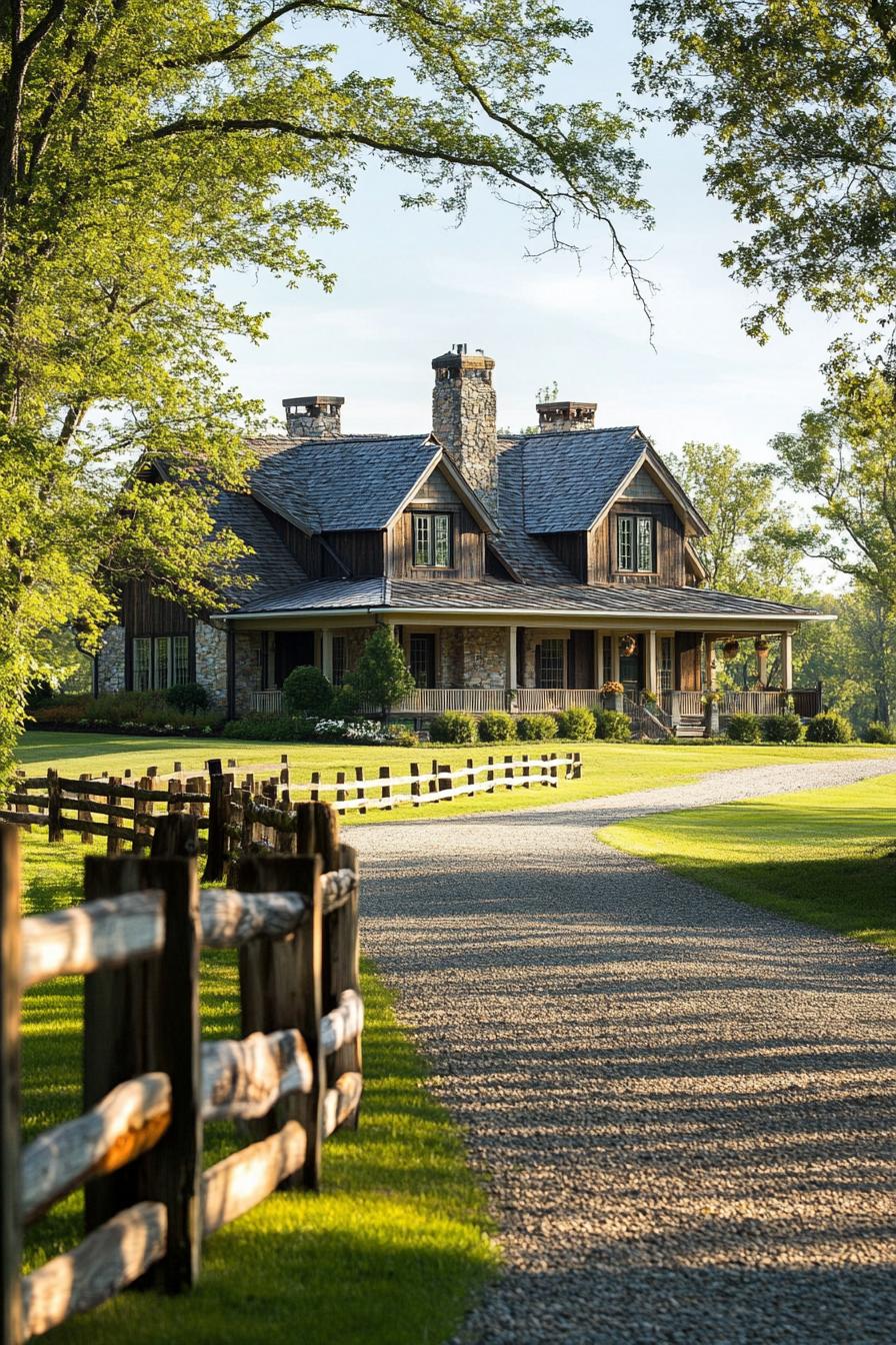 Rustic house with a wraparound porch, surrounded by trees