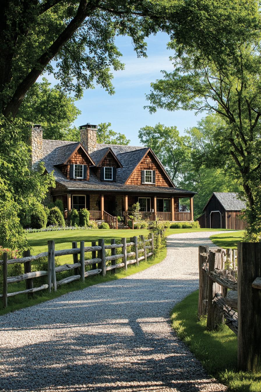 Rustic cottage with a gravel driveway and lush trees