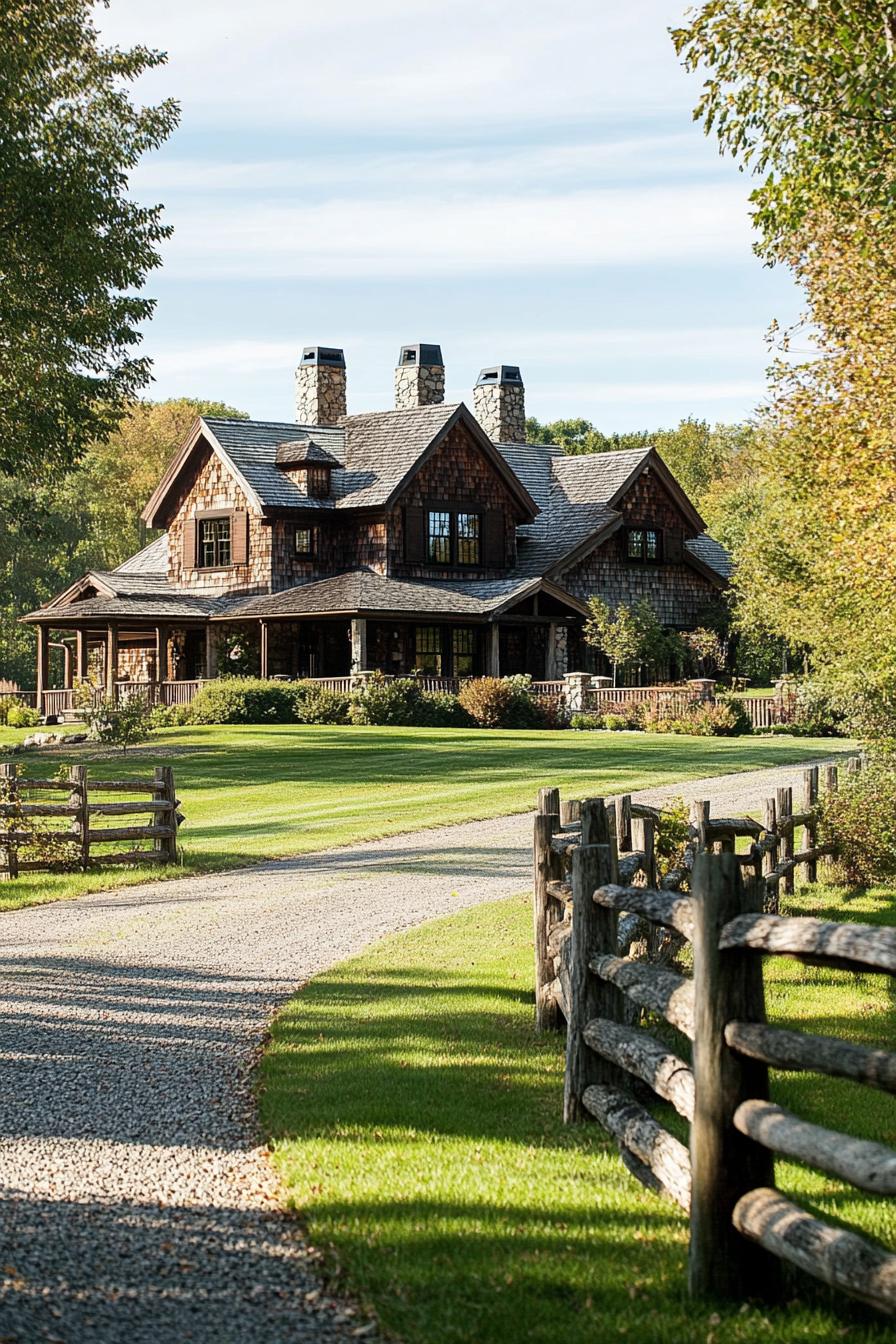 Rustic house with stone chimneys on a winding gravel path