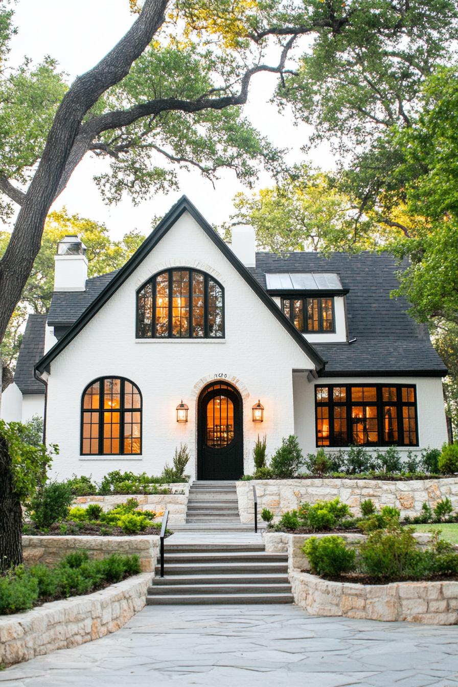 Cozy Tudor house with dark roof and glowing windows