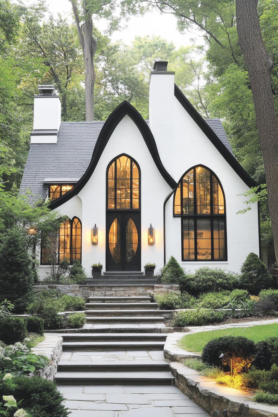 Elegant modern Tudor house with arched windows surrounded by lush greenery