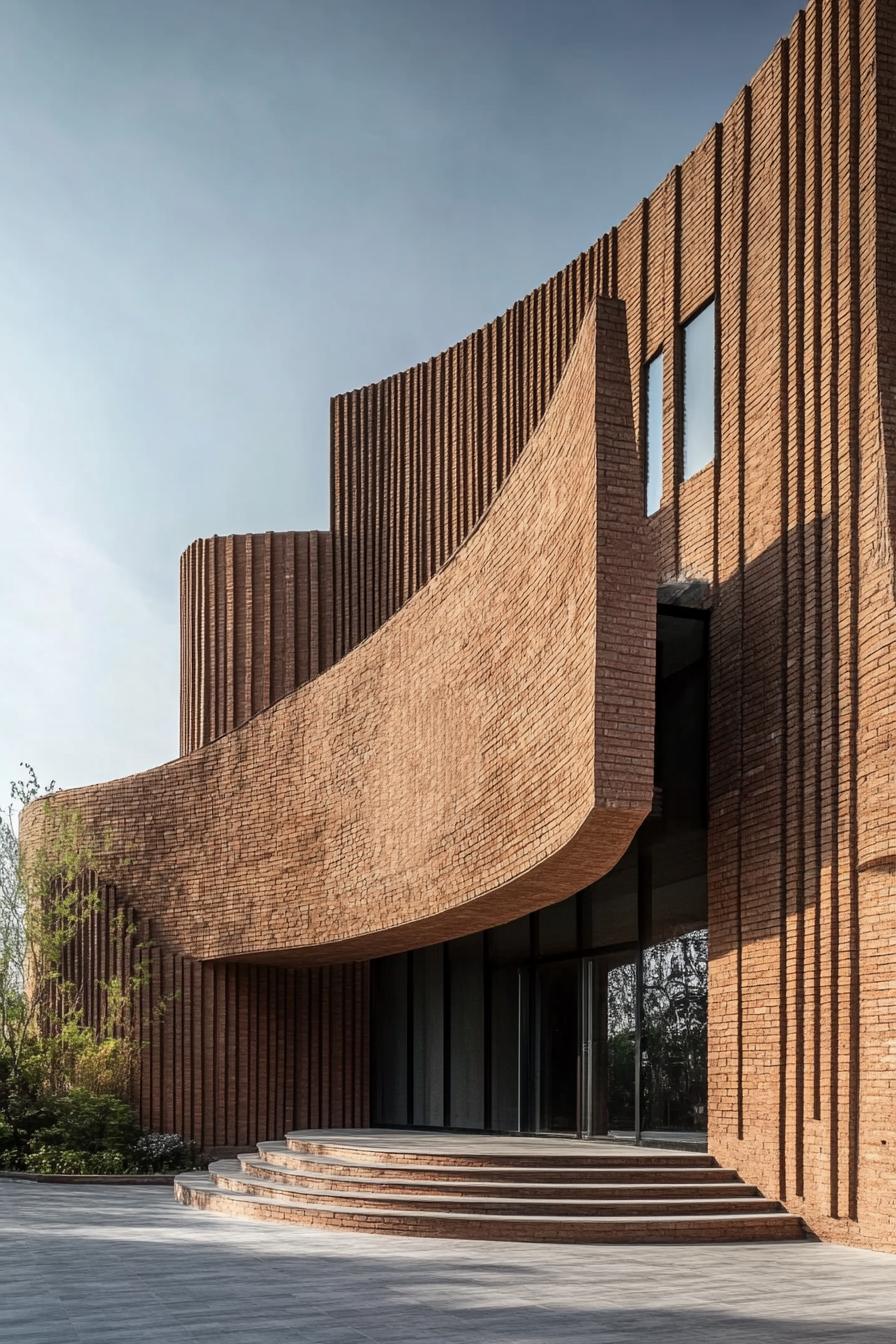 Curved brick façade with steps leading to glass doors