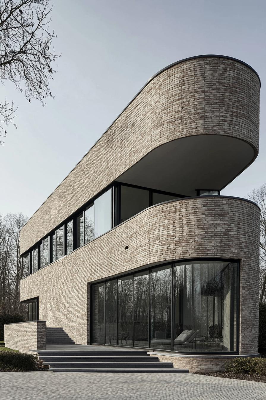 Contemporary building with curved brick design and glass facade