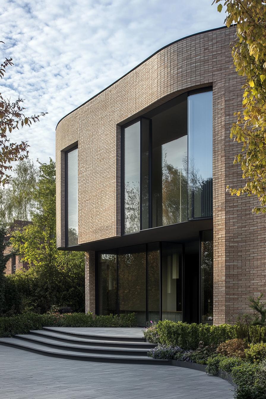 Modern building with sweeping brick design and large windows