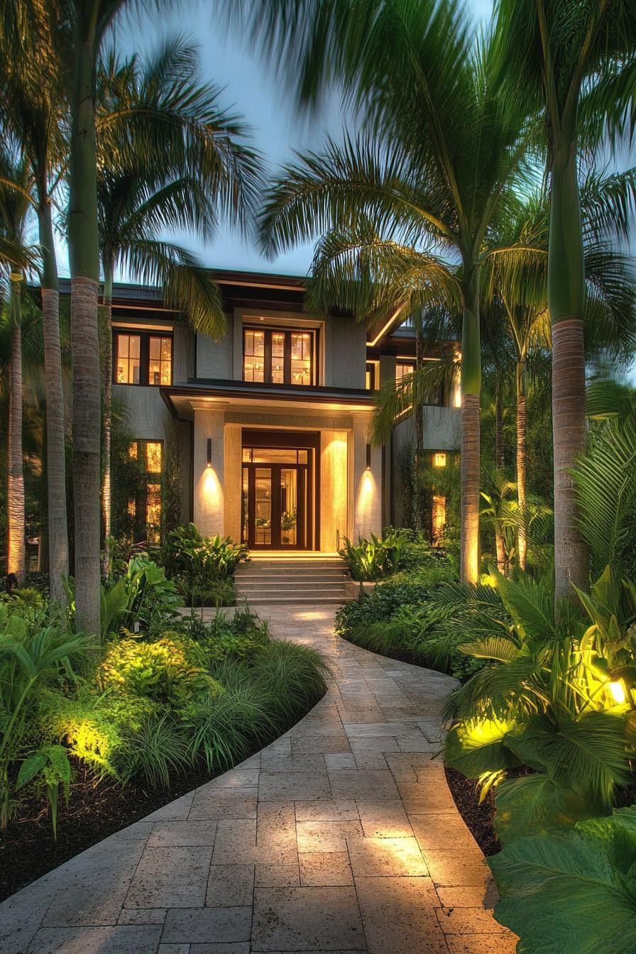 Tropical villa with palm trees and garden path