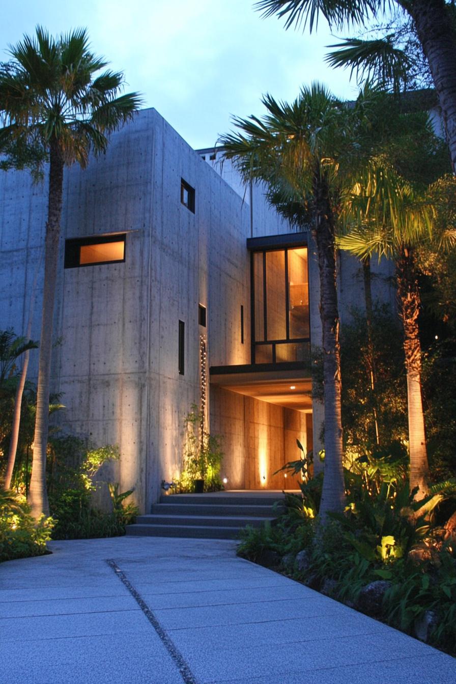 Modern villa with palm trees and dramatic lighting