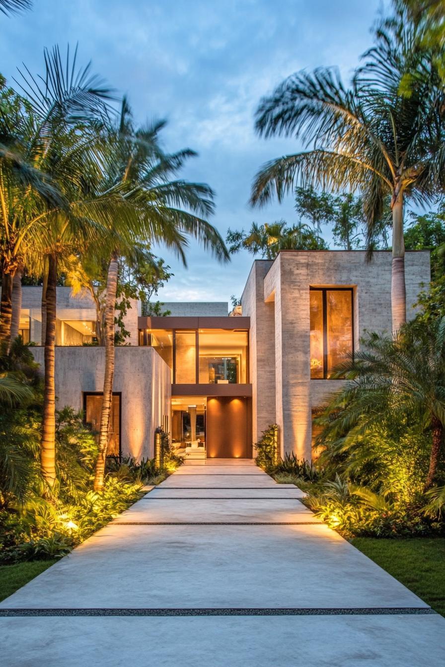 Modern villa surrounded by lush greenery under a twilight sky