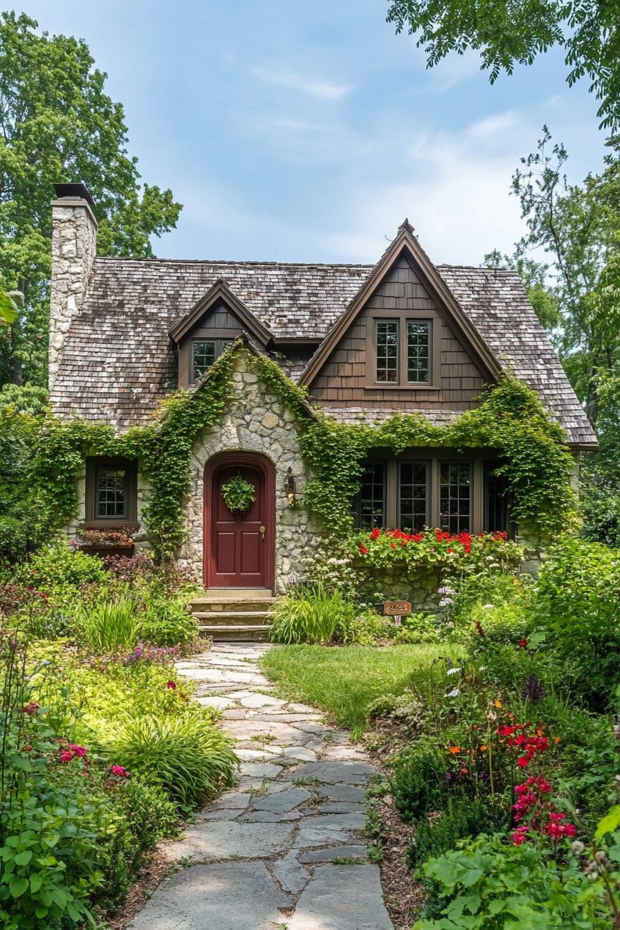 Stone house with red door and lush greenery