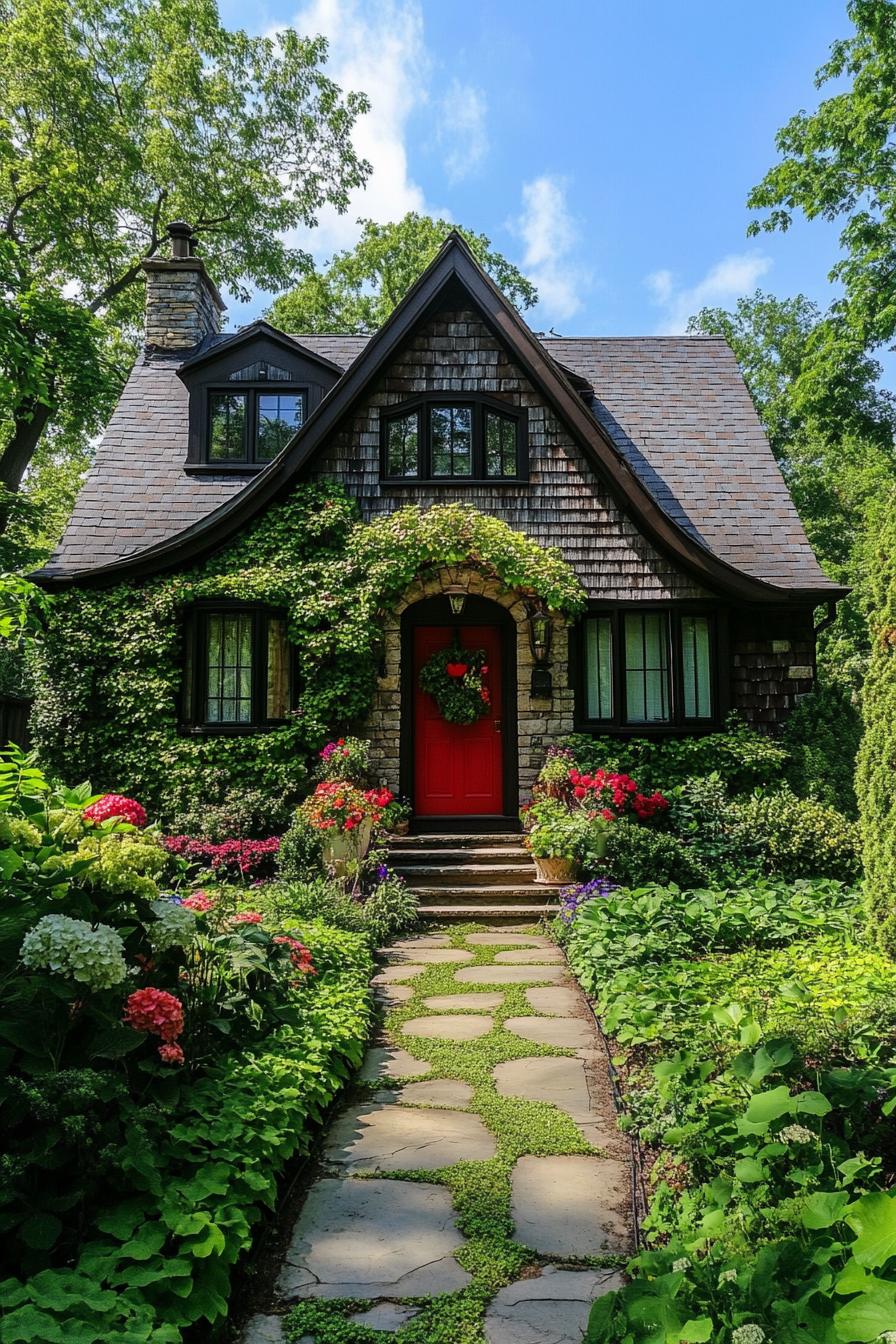 Charming cottage with ivy-covered facade and bright red door