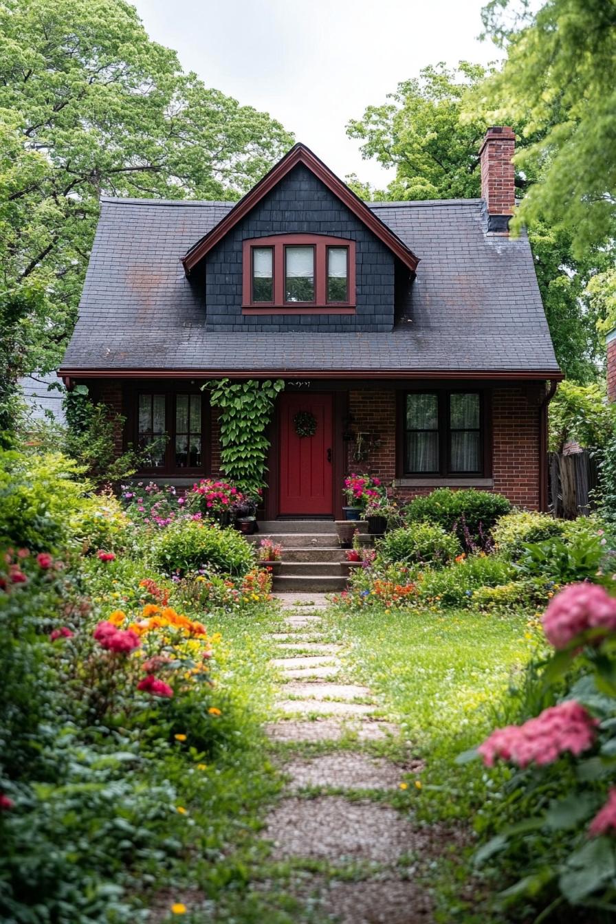 Charming brick house with a red door and lush garden