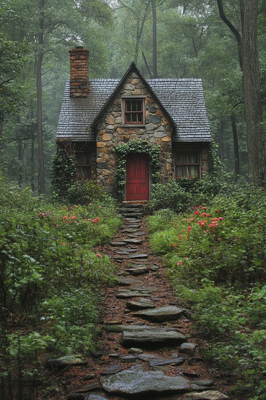 A quaint stone cottage nestled in a lush forest