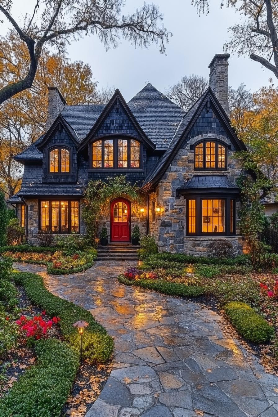 Charming cottage with red door and stone pathway