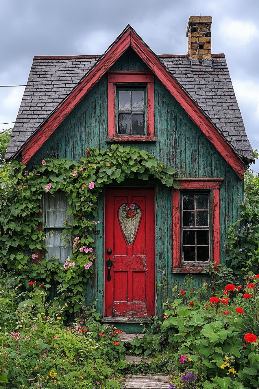 A charming house with a red door surrounded by greenery and flowers