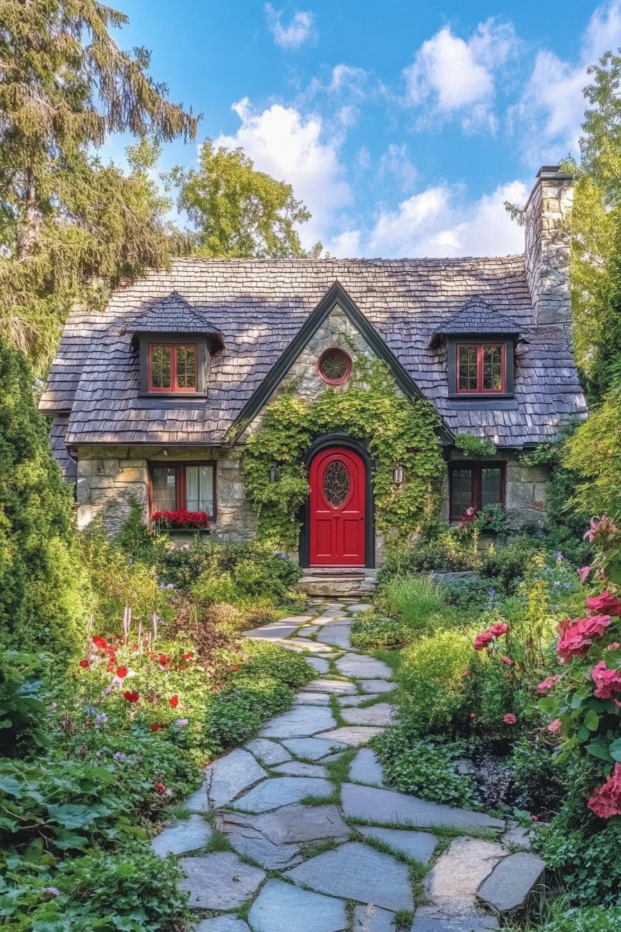 Charming stone cottage with a vibrant red door