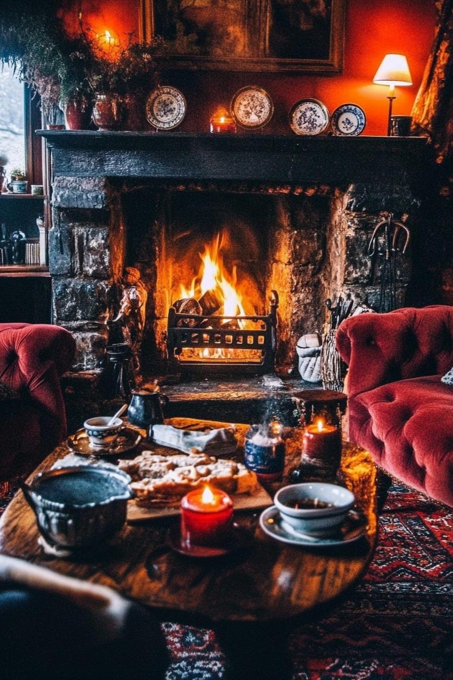 Cozy, fire-lit cottage interior with snacks and drinks on a wooden table