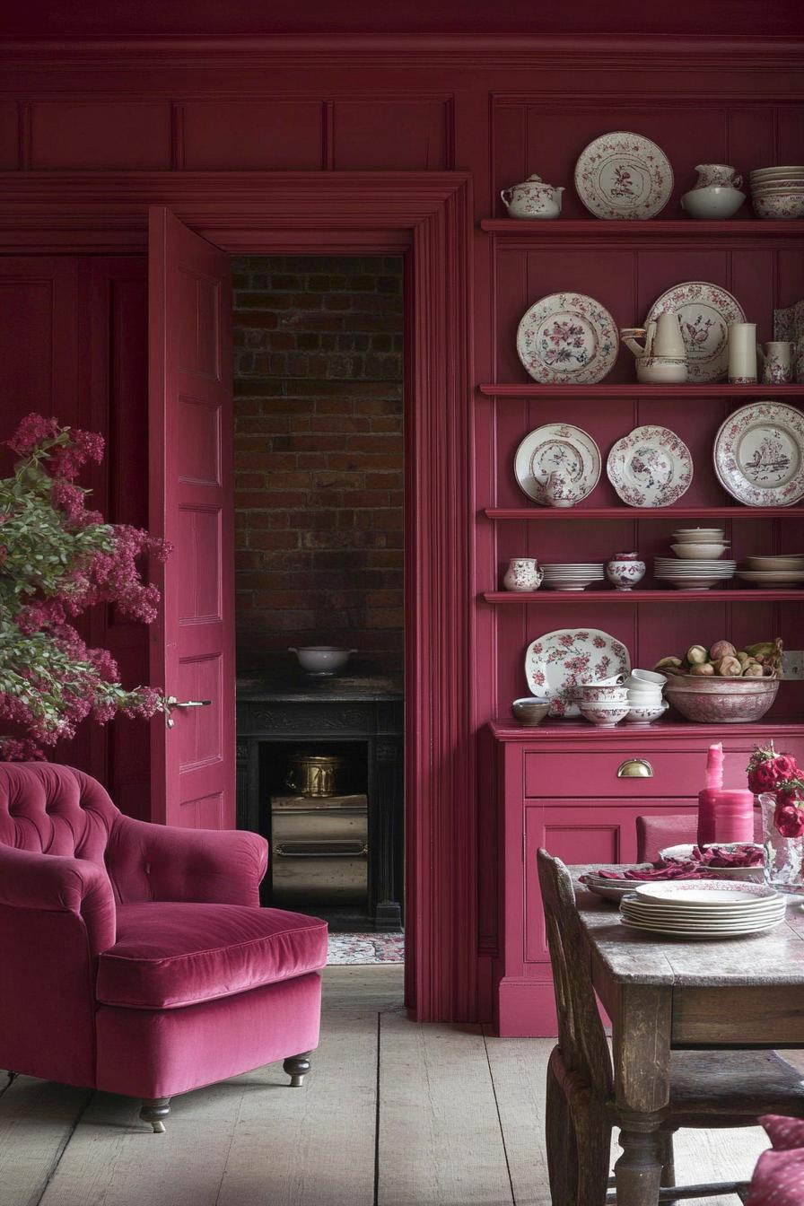 Deep red room with a plush chair and vintage dishes on display