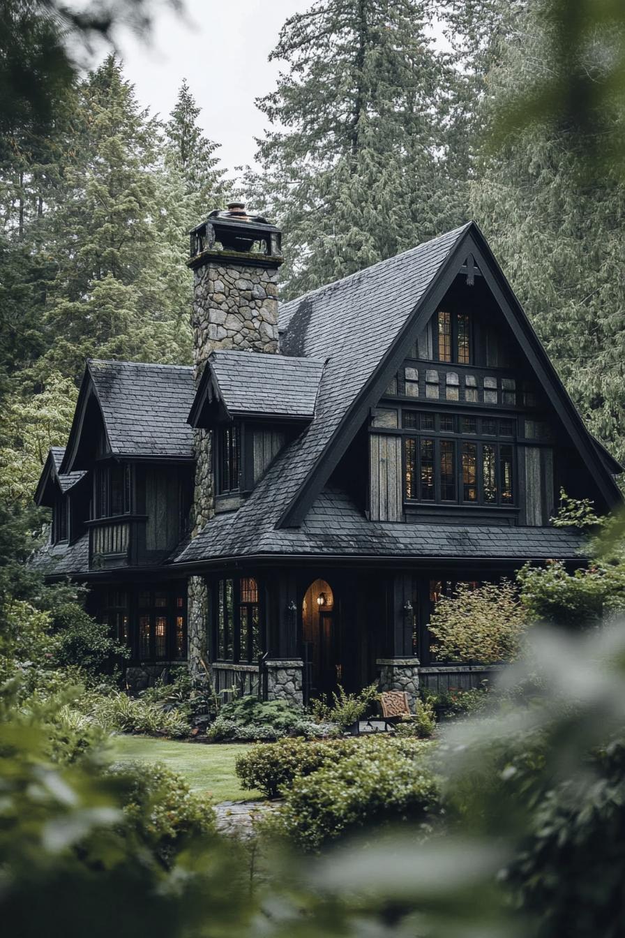 Charming dark cottage nestled in dense forest