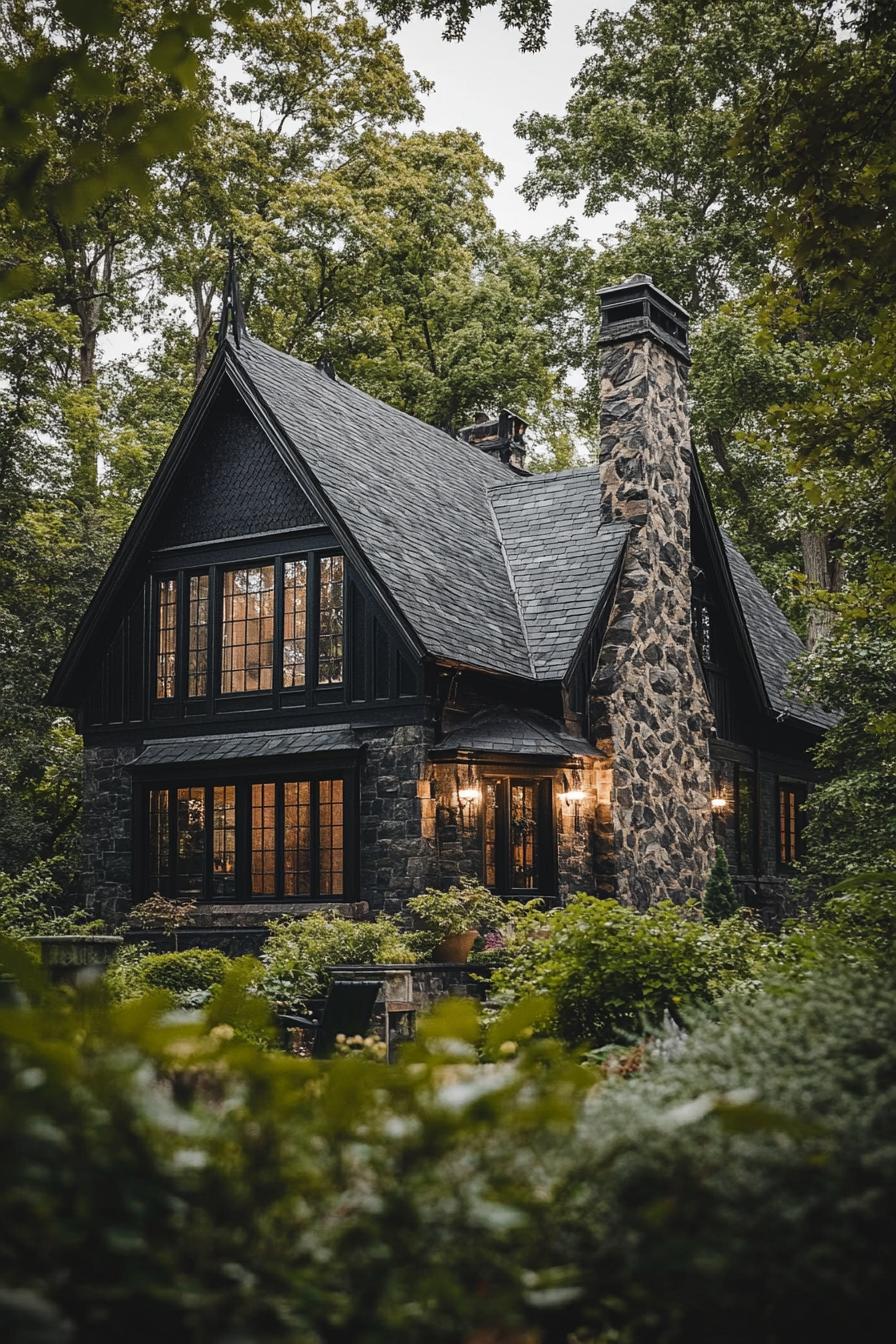 Cozy dark stone house surrounded by lush greenery