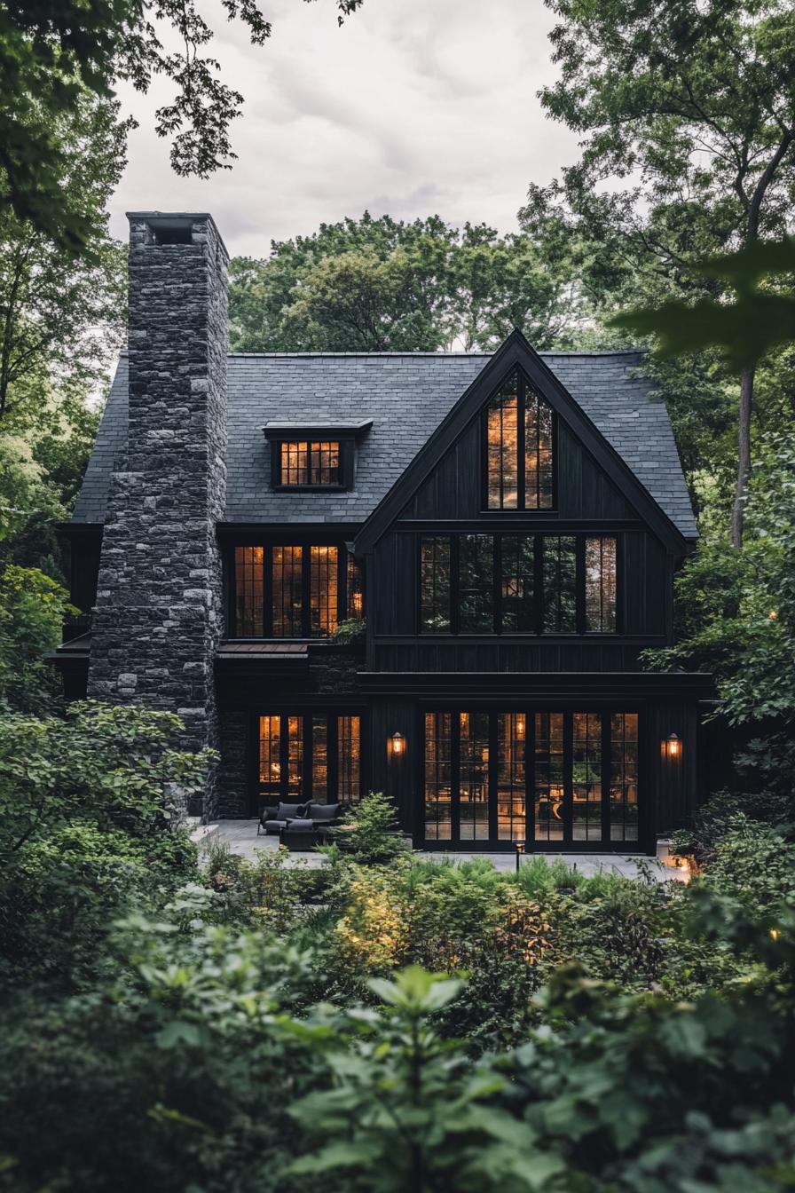 Dark cottage nestled in a lush forest setting