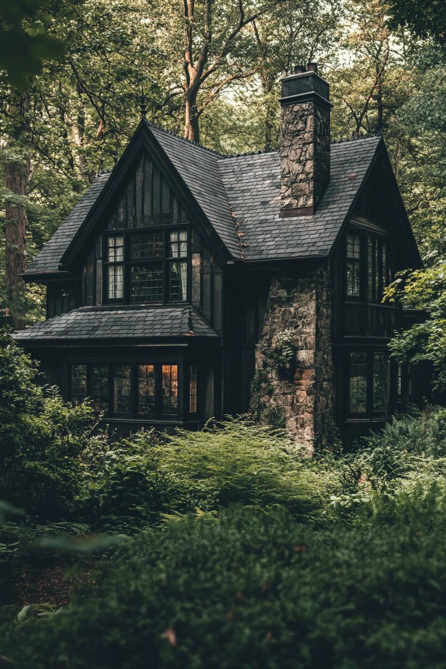 Dark stone cottage surrounded by lush greenery