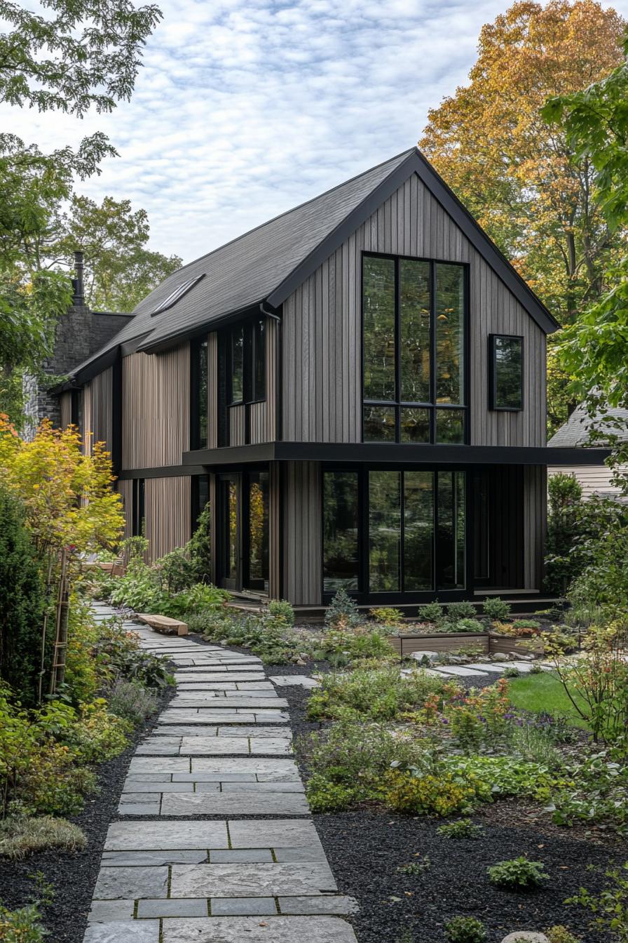 Modern long house with large windows surrounded by lush greenery