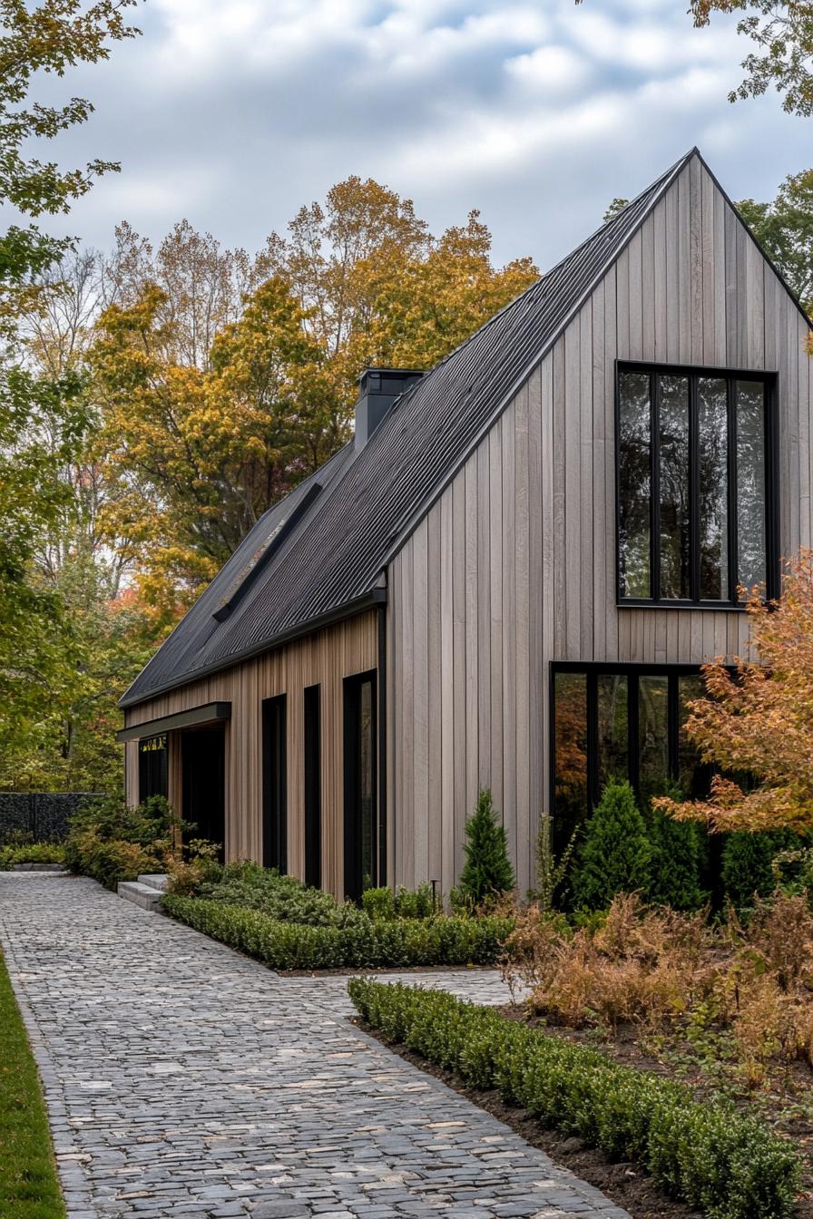 Modern house with angled roof amidst fall foliage