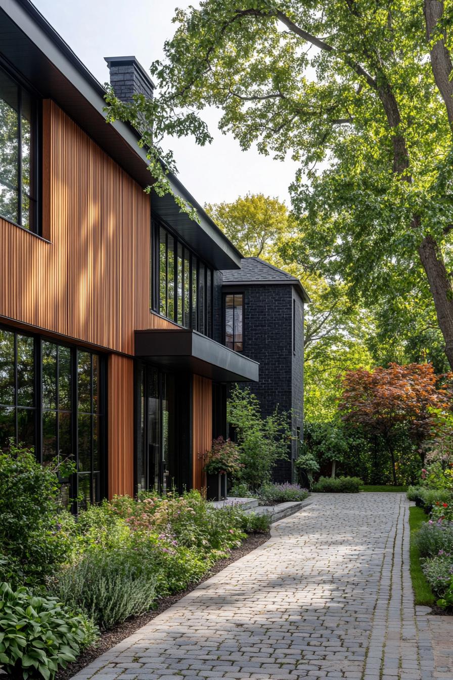 Sleek, modern long house with vertical wood panels and large windows amid greenery