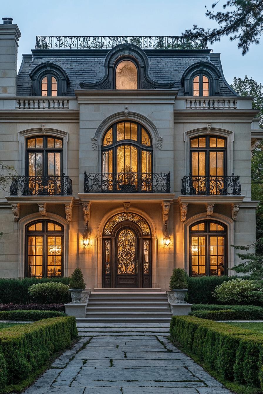 Elegant mansion with glowing windows and intricate ironwork